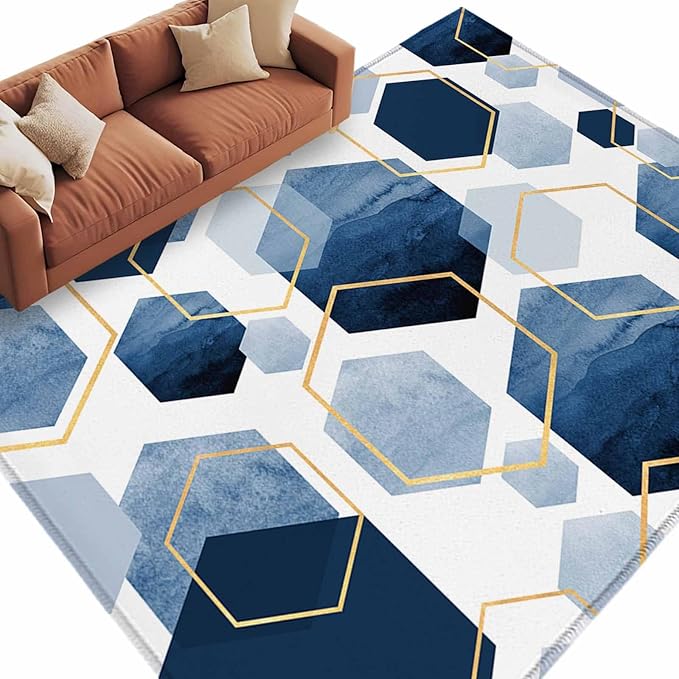 Area Rug 6x9ft, Watercolor Blue Hexagon Washable Rugs for Living Room Bedroom, Abstract Geometric Art Soft Non-Slip Area Rugs Rectangle Floor Carpet for Dining Room