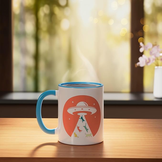 Cat UFO Funny Cat humor Kitten Owner UFO lover flying saucer Ceramic Mug, Blue/White