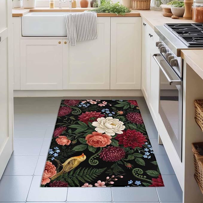 Area Rug 2x3ft, Pastoral Colorful Flower Leaf Washable Rugs for Living Room Bedroom, Country Blossom Floral Bird Soft Non-Slip Area Rugs Rectangle Floor Carpet for Dining Room