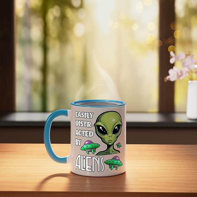 Easily Distracted By Aliens Funny Sci Fi Apparel Design Ceramic Mug, Blue/White
