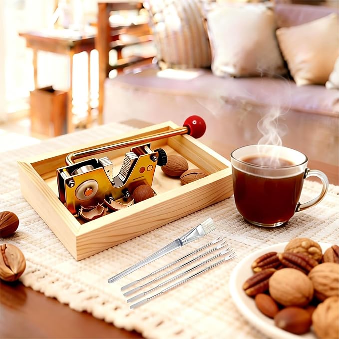 Heavy Duty Nut Cracker Tool, 6 Pcs NutCracker Tool Set for Pecans Walnuts Macadamia Hazelnuts Nut Crackers for All Nuts, 4 Picks & 1 Cleaning Brush, Wooden Base