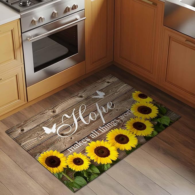 Area Rug 2x3ft, Farm Sunflower Positive Energy Quote Washable Rugs for Living Room Bedroom, Retro Dark Brown Wood Grain Soft Non-Slip Area Rugs Rectangle Floor Carpet for Dining Room
