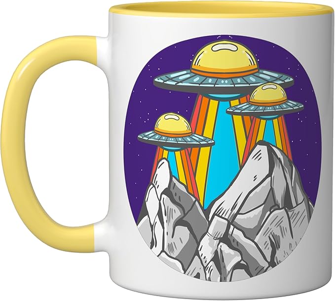 UFO Mountains Retro Spaceship Alien ET Space Galaxy Gift Ceramic Mug, Yellow/White