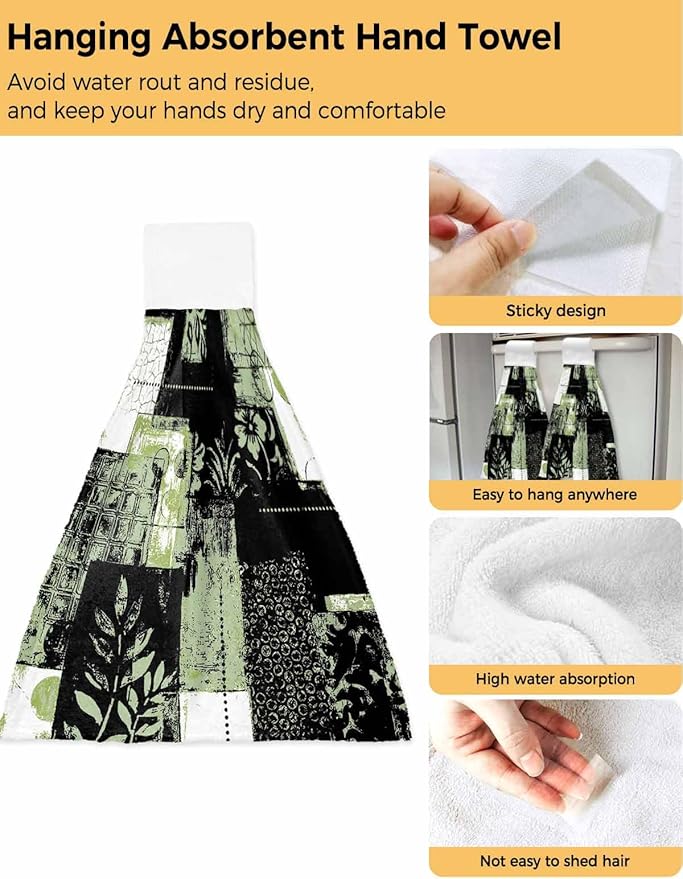 Alandar Home Kitchen Tie Towel Set of 2, Boho Abstract Geometric Texture Absorbent Soft Hand Towels for Bathroom Hanging Towels, Summer Leaves Black Green Fast Drying Cleaning Cloth with Loop