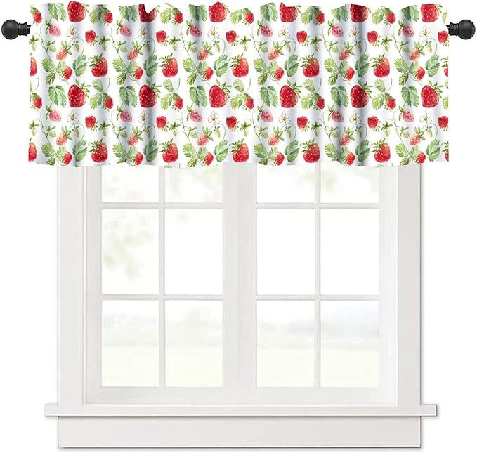 Watercolor Strawberry Curtain Valance, Sweet Red Fruit Green Leaf Kitchen Window Treatment for Dining Room Living Room Bedroom Resturant Party Home Decor, 54x18Inch