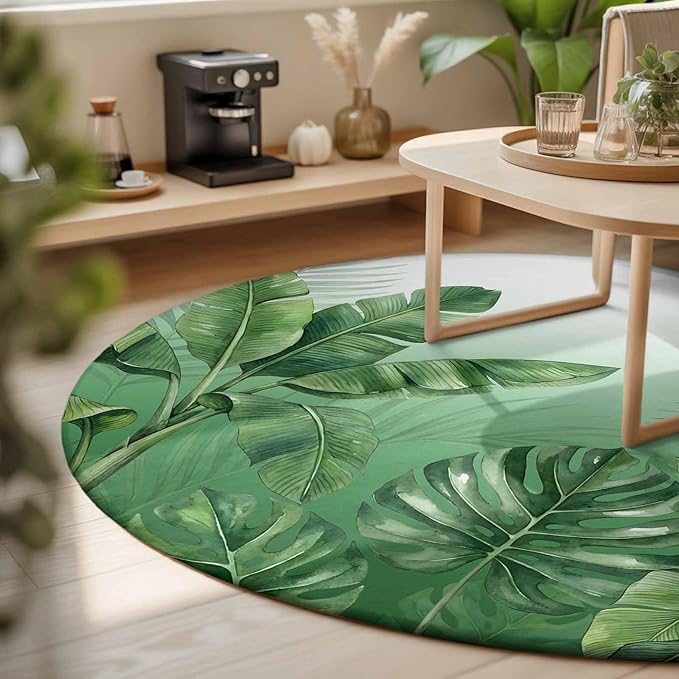 Washable Round Area Rug Botanical Rainforest Plants Circle Rugs Floor Carpet for Living Room Bedroom, Watercolor Tropical Banana Leaves Soft Non Slip Round Rug 3ft