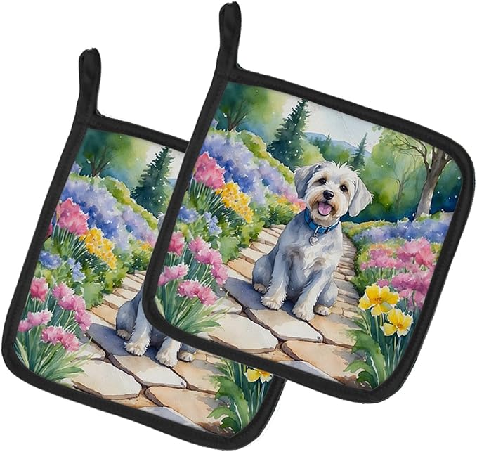 Caroline's Treasures Dandie Dinmont Terrier Spring Path Pair of Pot Holders Kitchen Heat Resistant Pot Holders Sets Oven Hot Pads for Cooking Baking BBQ, 7 1/2 x 7 1/2