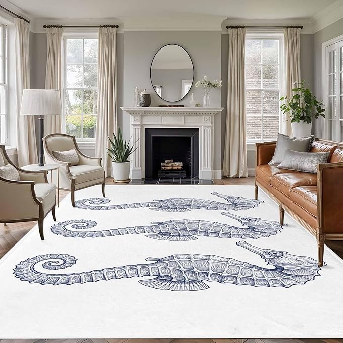 Area Rug 9x12ft, Summer Light Blue Seahorse Washable Rugs for Living Room Bedroom Rectangle Floor Carpet, Underwater Ocean Animals Soft Non-Slip Area Rugs for Dining Room