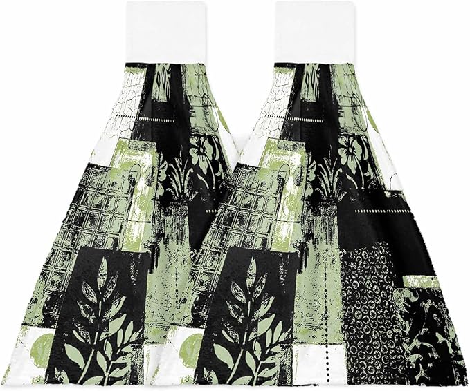 Alandar Home Kitchen Tie Towel Set of 2, Boho Abstract Geometric Texture Absorbent Soft Hand Towels for Bathroom Hanging Towels, Summer Leaves Black Green Fast Drying Cleaning Cloth with Loop