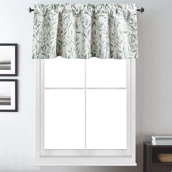 VOGOL Blue Valances for Windows, Lovely Leaf Print Window Shades Rod Pocket Kitchen Valances for Windows Farmhouse Cafe, 52 x 12, One Piece