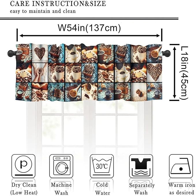 Coffee Curatin Valance, Rustic Beans Cups Coffee Lover Short Window Treatment for Cafe Kitchen Bedroom Living Room, 54x18Inch
