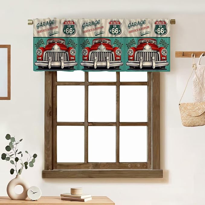 Retro Valance Curtain Vintage Car Route 66 Garage Rod Pocket Valance Window Treatments Short Curtains for Kitchen Bathroom Farmhouse Living Room Decor 54x18inch