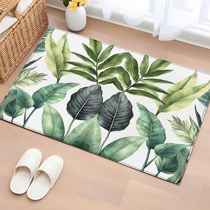 Area Rug 2x3ft, Summer Green Tropical Palm Leaves Washable Rugs for Living Room Bedroom, Watercolor Plant Soft Non-Slip Area Rugs Rectangle Floor Carpet for Dining Room