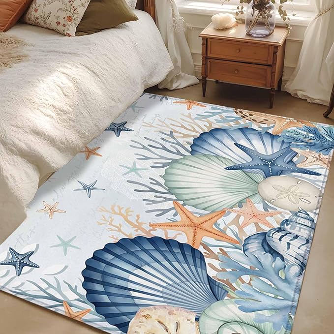 Area Rug 4x6ft, Underwater Shells Starfish on Blue Washable Rugs for Living Room Bedroom, Colorful Coral Soft Non-Slip Area Rugs Rectangle Floor Carpet for Dining Room