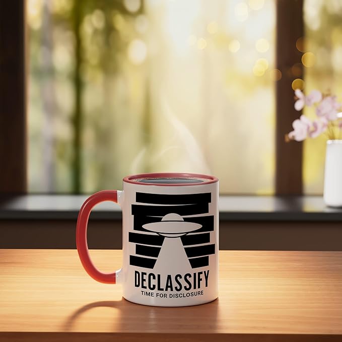 UFO Declassify Disclosure Government Secrets Flying Saucer Ceramic Mug, Red/White