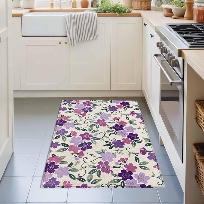 Area Rug 2x3ft, Watercolor Country Flowers Washable Rugs for Living Room Bedroom, Plum Blossoms on Linen Soft Non-Slip Area Rugs Rectangle Floor Carpet for Dining Room