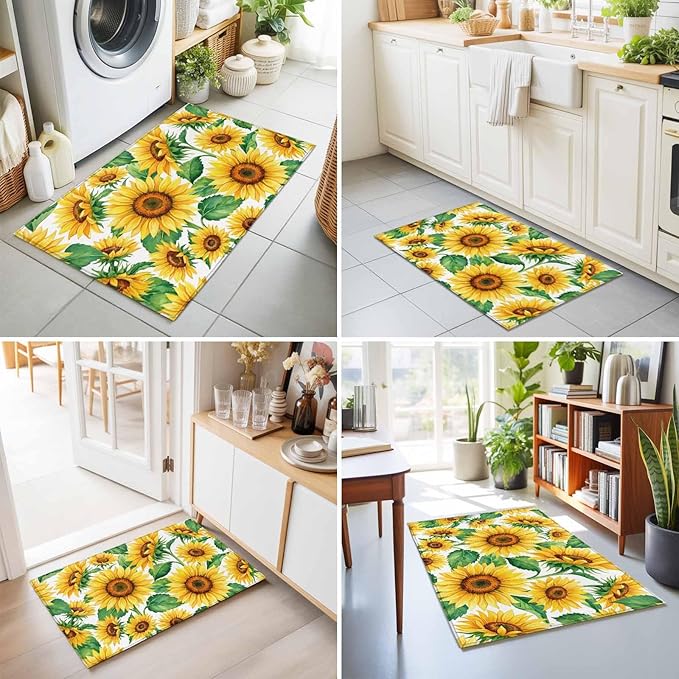 Area Rug 2x3ft, Summer Garden Sunflower Leaves Washable Rugs for Living Room Bedroom, Farm Blossom Floral Soft Non-Slip Area Rugs Rectangle Floor Carpet for Dining Room