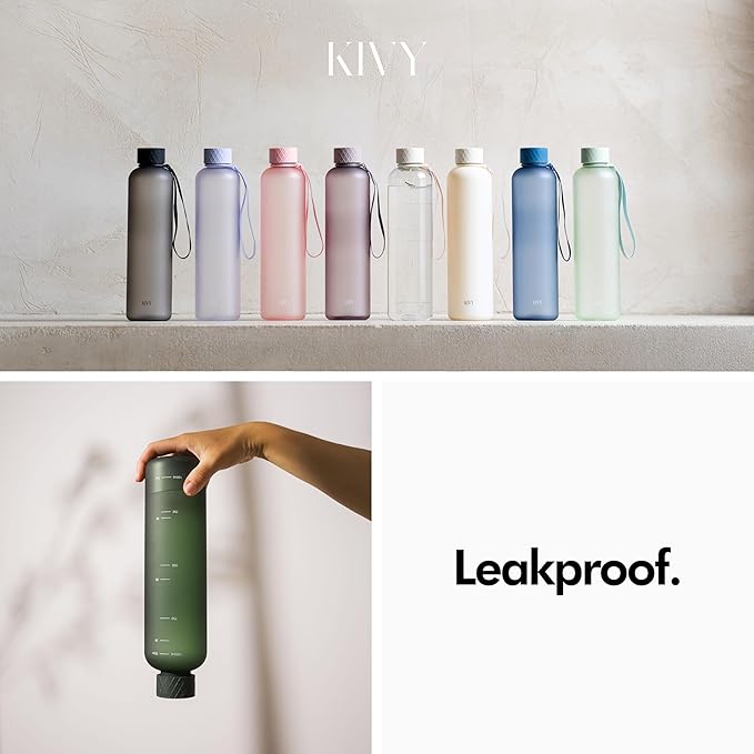 KIVY Slim Water Bottle 32oz [Lightweight & Shatterproof] Fits Cupholder & Backpack - Dishwasher safe water bottle no straw - Cute aesthetic water bottles screw top - Bpa free, Gold, White