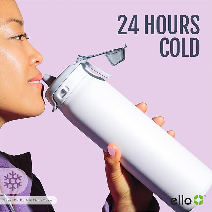 Ello Pop & Fill 22oz Stainless Steel Water Bottle with Quick Fill Technology, Double Walled and Vacuum Insulated Metal, Leak Proof Locking Lid, Sip and Chug, Reusable, BPA Free, Aurora