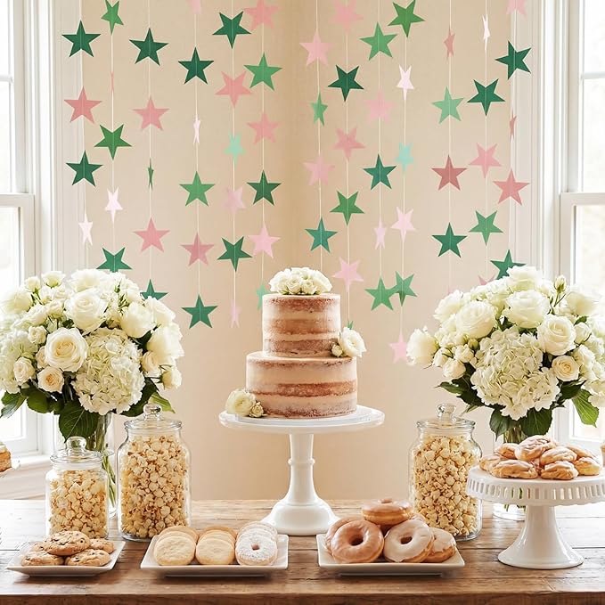 Patelai 130 Feet Glitter Star Garland Banner 2026 Party Decoration Double Side Star Hanging String Streamer Paper Twinkle for Graduation Wedding Birthday (Pink and Green)