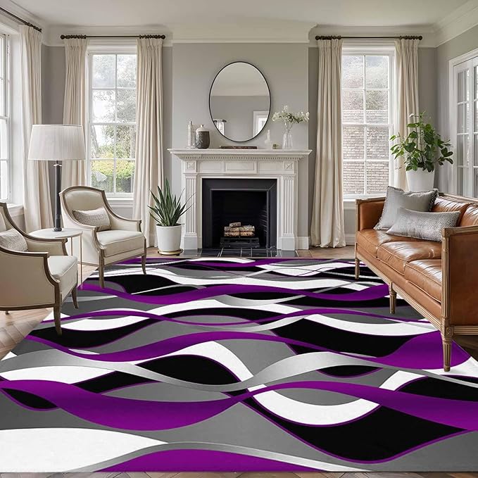 Area Rug 6x9ft, Abstract Purple Gray Black White Stripes Washable Rugs for Living Room Bedroom, Modern Lines Soft Non-Slip Area Rugs Rectangle Floor Carpet for Dining Room