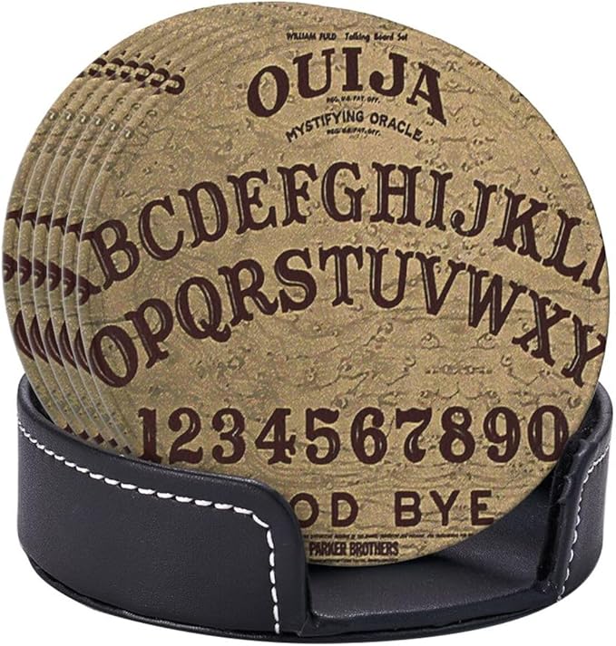 Ouija Board Leather Drinks Coasters with Holder, Set of 6, Suitable for Various Cups