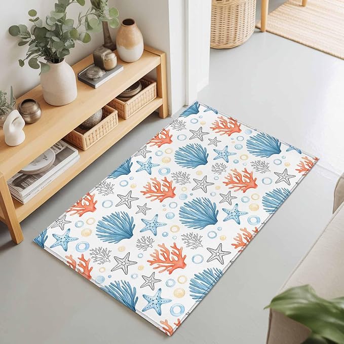 Area Rug 2x3ft, Coastal Starfish Shell Coral Washable Rugs for Living Room Bedroom, Ocean Bubble Blue Black Orange Soft Non-Slip Area Rugs Rectangle Floor Carpet for Dining Room