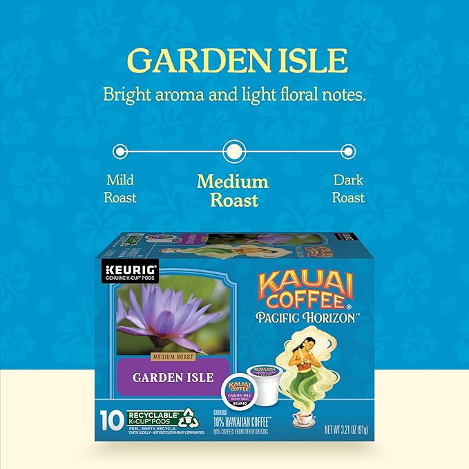Kauai Coffee K-Cup Pods for Keurig Brewers – Arabica Coffee, 10% Hawaiian – Medium Roast, Bright Aroma With Light Floral Notes – Garden Isle, 6 Packs of 10 Single Serve K-Cups