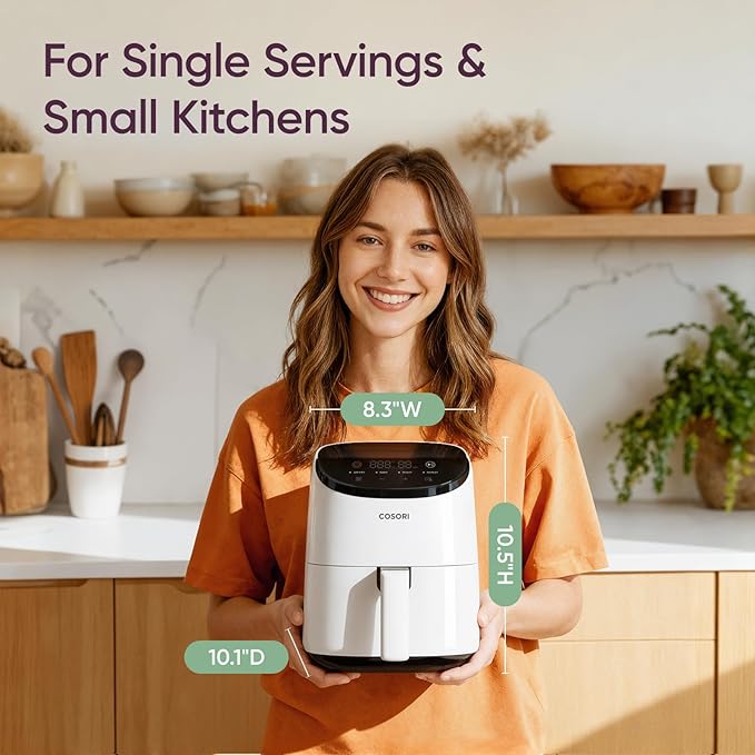 Cosori Small Air Fryer Oven 2.1 Qt, 4-in-1 Mini Airfryer, Bake, Roast, Reheat, Space-saving & Low-noise, Nonstick and Dishwasher Safe Basket, 30 In-App Recipes, Sticker with 6 Reference Guides, White