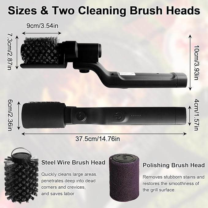 Electric Grill Brush, Rechargeable Cordless BBQ Brush, 180°Adjustable Cleaning Brush, 3-Speed Power, Waterproof Cleaner for BBQ Grates with Extra Brushhead