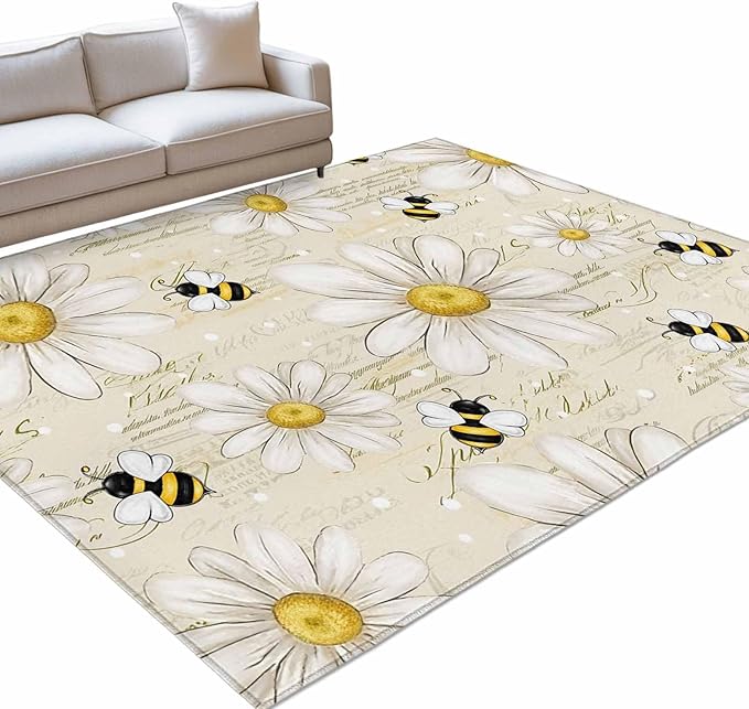 Area Rug 3x5ft, Retro Watercolor White Floral Bee Washable Rugs for Living Room Bedroom, Summer Daisy Letter Texture Soft Non-Slip Area Rugs Rectangle Floor Carpet for Dining Room