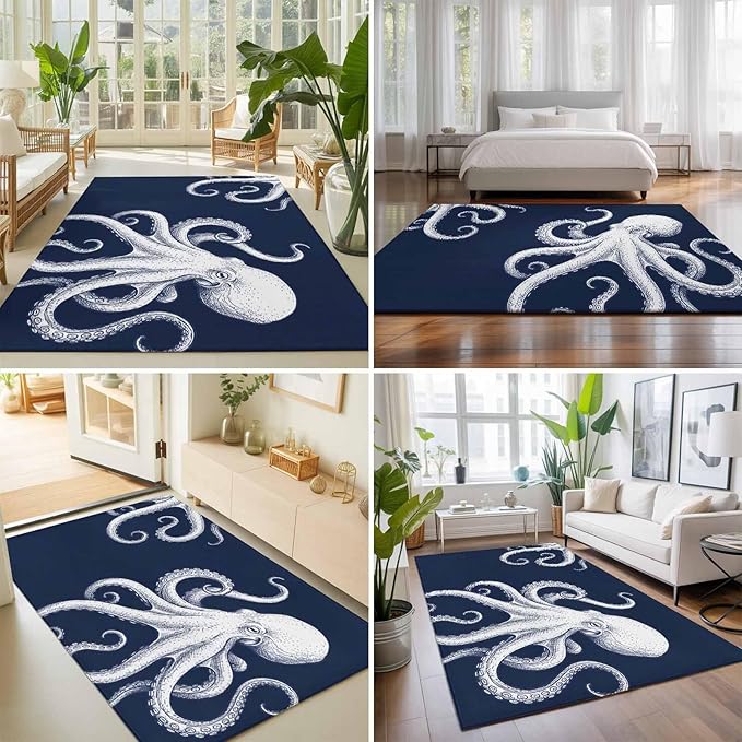 Area Rug 4x6ft, Underwater Ocean Giant Octopus Washable Rugs for Living Room Bedroom, Navy Blue White Marine Life Soft Non-Slip Area Rugs Rectangle Floor Carpet for Dining Room