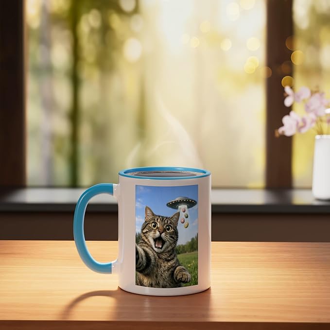 Funny Cat Selfie with Easter Eggs UFO for Men Women Kids Ceramic Mug, Blue/White