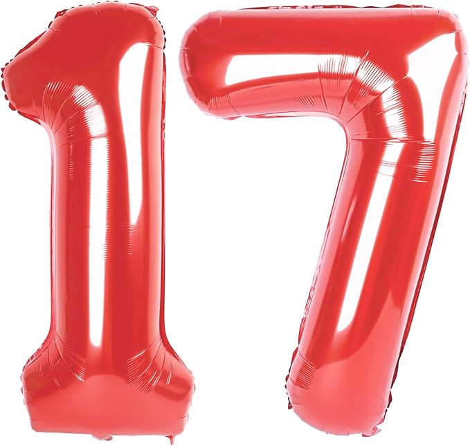 40 Inch Number 17 Balloons, Red 17th Birthday Decoration for 1 7 17 71 Men & Women, Foil Big Number Balloon for Wedding Store Anniversary Promotion Party Decorations