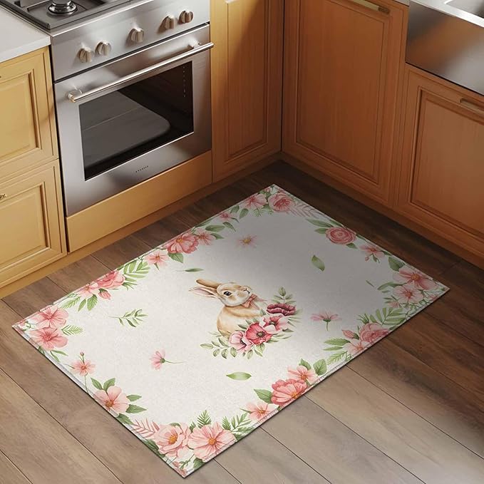 Area Rug 2x3ft, Retro Easter Rabbit on Linen Washable Rugs for Living Room Bedroom, Spring Pastoral Pink Flower Leaf Soft Non-Slip Area Rugs Rectangle Floor Carpet for Dining Room