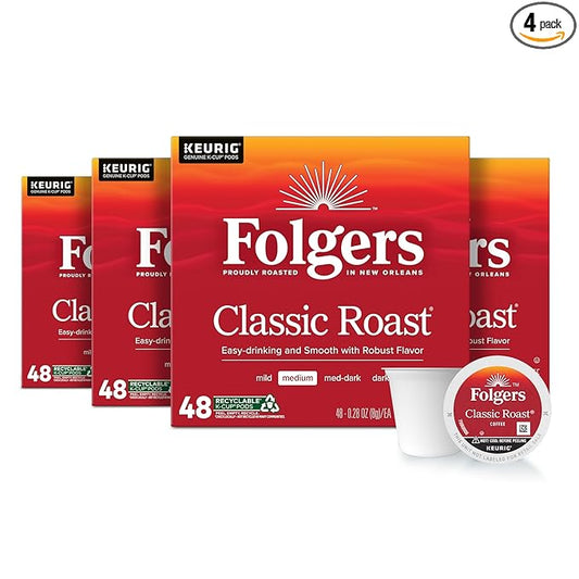 Folgers Classic Roast, Medium Roast Coffee, Keurig K-Cup Pods, 48 Count Boxes (Pack of 4)