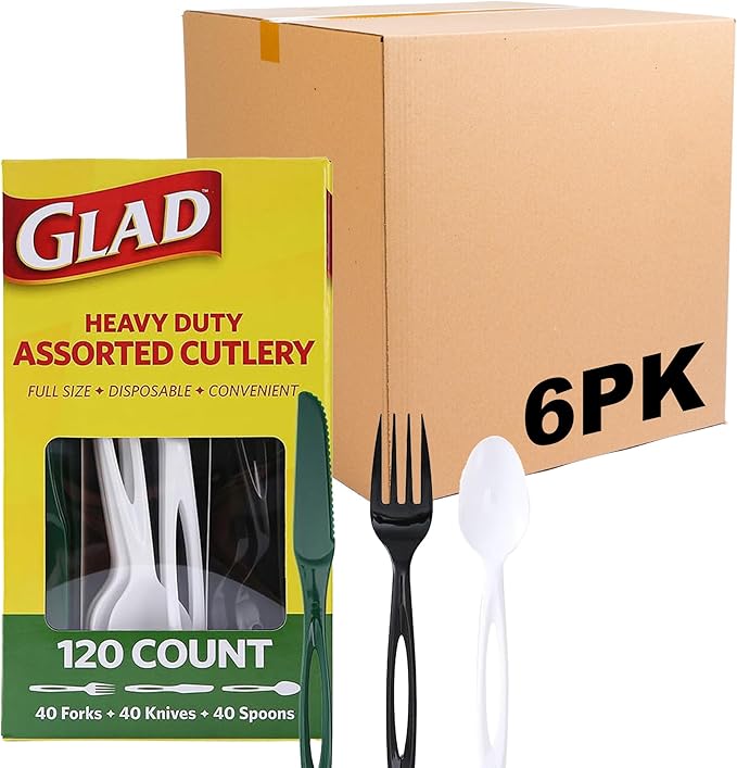 Glad Disposable Cutlery Set with Heavy Duty Plastic Forks, Knives, and Spoons, Reusable Dishwasher Safe Plastic Utensils for Parties and Everyday Use - Green, White, & Black, 120 Count - 6 Pack
