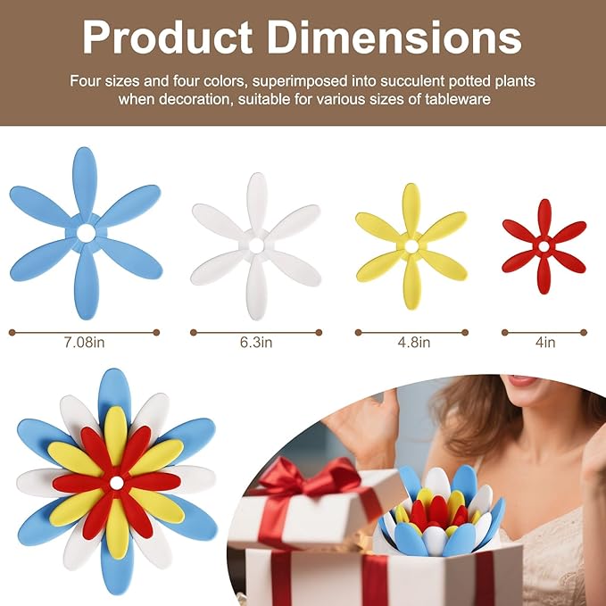 Silicone Succulent Cup Coasters Set of 4, Colorful Trivet Mats, Hot Pads for Pots Pans, Foldable Heat Resistant Coasters with Holder, Multipurpose Kitchen Table Protection (Red Blue White Yellow)