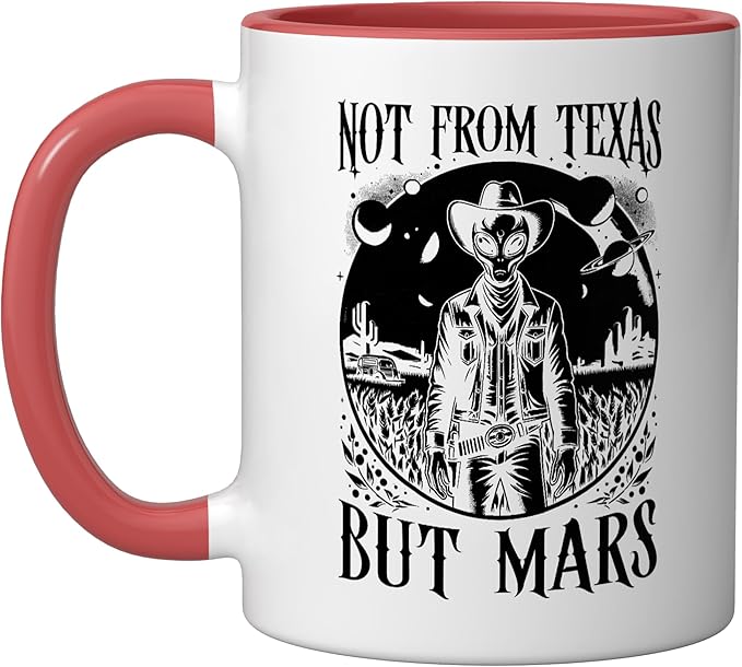 Alien Lover Flying Saucer UFO Extraterrestrial Cowboy Ceramic Mug, Red/White
