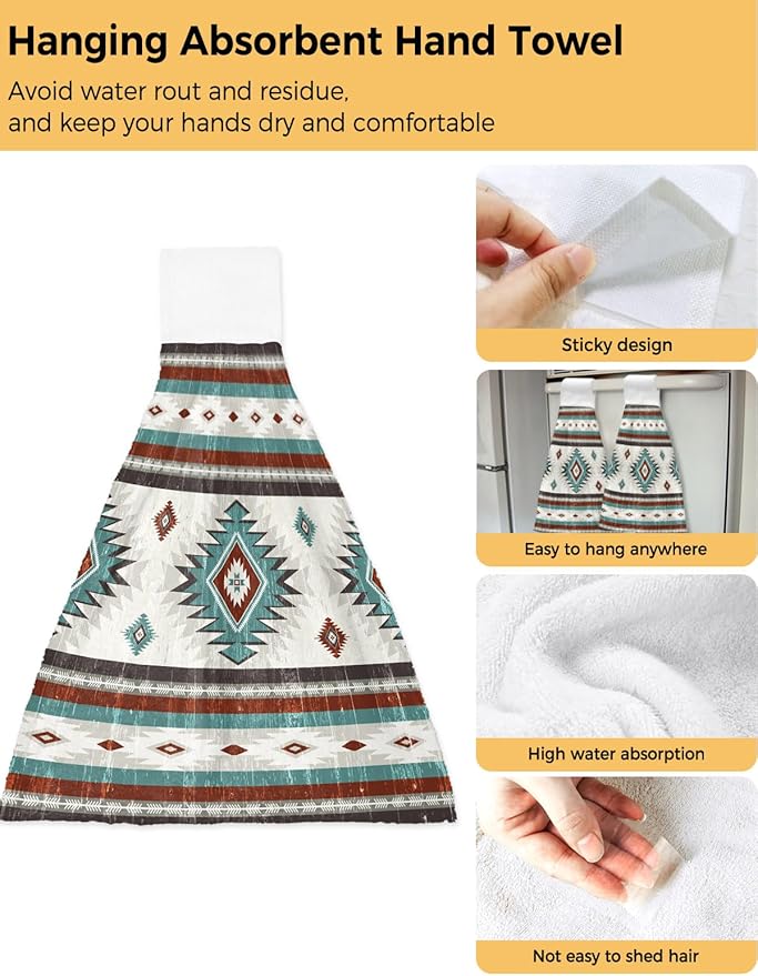 Alandar Home Kitchen Tie Towel Set of 1, Farm Brown Bohemian Aztec Absorbent Soft Hand Towels for Bathroom Hanging Towels, Turquoise Ethnic Wind Fast Drying Cleaning Cloth with Loop