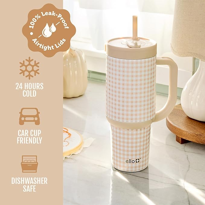 Ello Oasis 40oz Stainless Steel Water Bottle - Beige Gingham