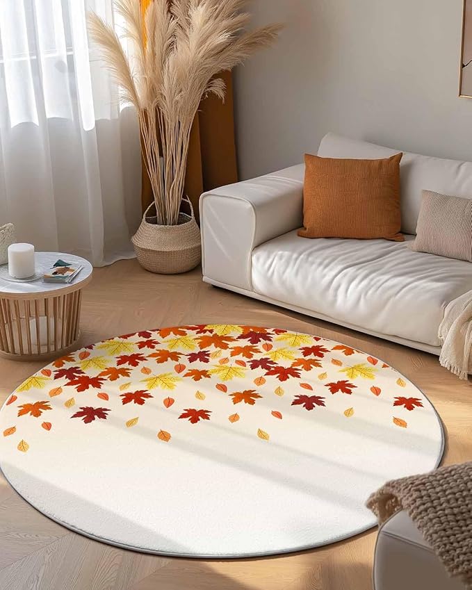 Round Area Rug,Fall Orange Maple Leaf Watercolor Circle Living Room Rug Non-Slip Rugs Indoor Carpet,Thanksgiving Fallen Leaves Seamless Soft Comfort Rugs for Bedroom KidsRoom Nursery