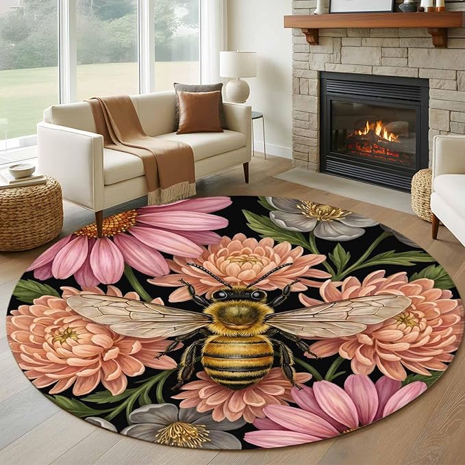 Washable Round Area Rug Vintage Honey Gold Bee Pink Flowers Circle Rugs Floor Carpet for Living Room Bedroom, Sage Green Leaves Soft Non Slip Round Rug 5ft