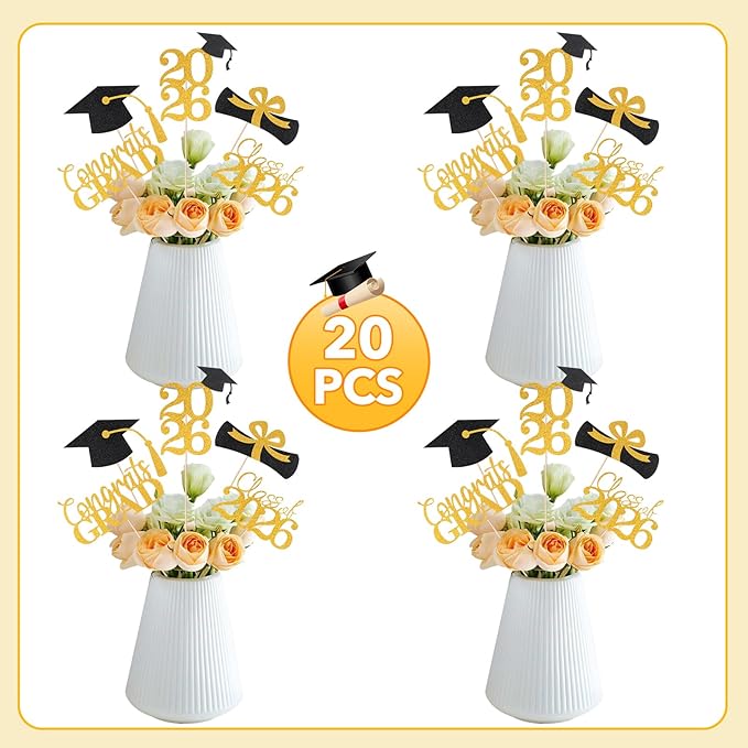 Graduation Decorations 2026, 20 PCS Sparkling Black and Gold Double-Sided Centerpiece Sticks for Tables, Class of 2026 Table Toppers and Party Supplies