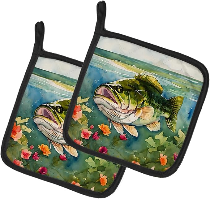 Caroline's Treasures Largemouth Bass Pair of Pot Holders Kitchen Heat Resistant Pot Holders Sets Oven Hot Pads for Cooking Baking BBQ, 7 1/2 x 7 1/2