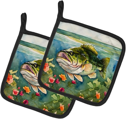 Caroline's Treasures Largemouth Bass Pair of Pot Holders Kitchen Heat Resistant Pot Holders Sets Oven Hot Pads for Cooking Baking BBQ, 7 1/2 x 7 1/2