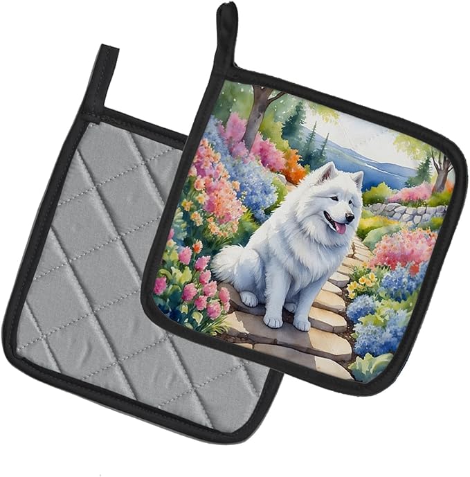 Caroline's Treasures Samoyed Spring Path Pair of Pot Holders Kitchen Heat Resistant Pot Holders Sets Oven Hot Pads for Cooking Baking BBQ, 7 1/2 x 7 1/2