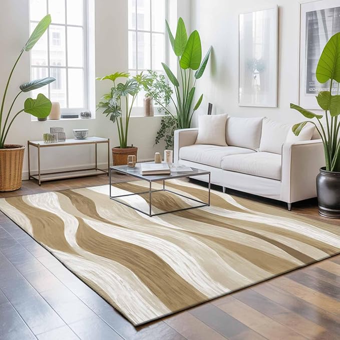 Area Rug 9x12ft, Modern Brown Ombre Ocean Wave Washable Rugs for Living Room Bedroom Rectangle Floor Carpet, Abstract Gradient Stripe Soft Non-Slip Area Rugs for Dining Room