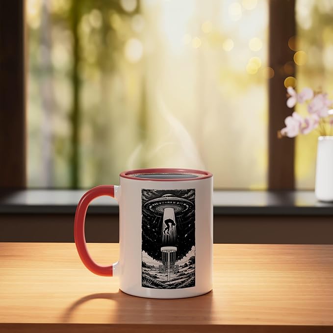 Disc Golf UFO Funny Flying Saucer Alien Abduction Basket Ceramic Mug, Red/White