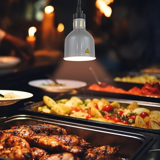 250W Commercial Hanging Food Heat Lamp, 110V Ceiling Mounted Infrared Food Warmer Light, 122-140℉ Retractable Warming Lamp for Restaurant Buffet Kitchen Cafeteria Hotel and Home Use(Silver)
